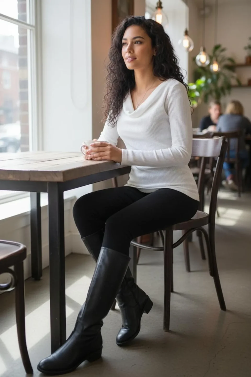 White Ribbed Cowl Neck Long-Sleeve Top