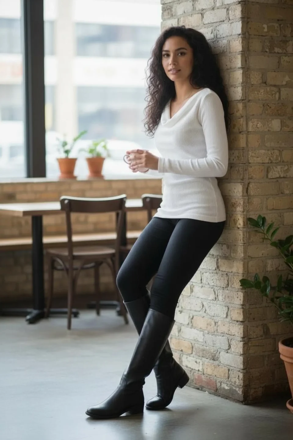 White ribbed cowl neck long-sleeve top.
