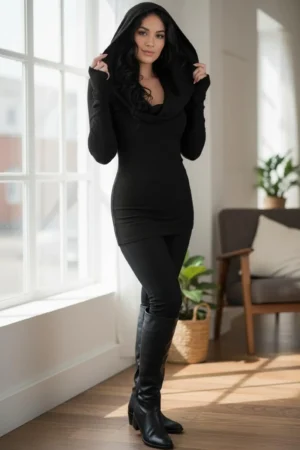Hooded cowl neck ribbed black tunic top with finger cutouts.