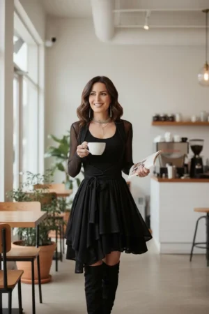 Beautiful double-layered sleeveless tissue hem black short dress.