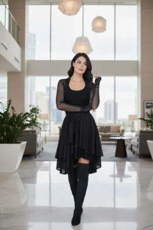 Beautiful double-layered sleeveless tissue hem black short dress.