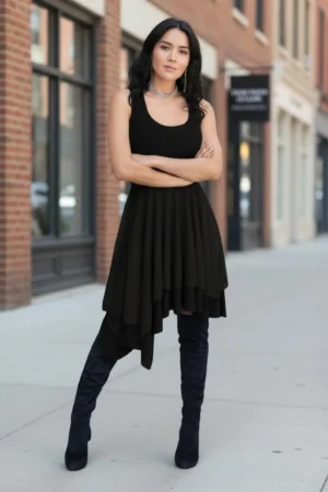 Beautiful double-layered sleeveless tissue hem black short dress.
