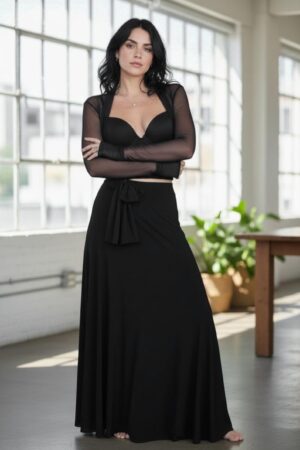 Solid black mesh crop jacket long waist sash.