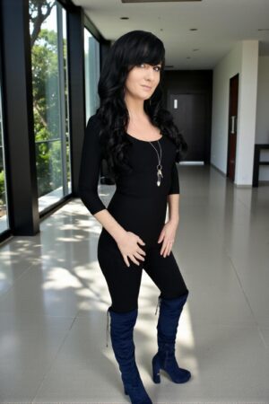 3/4 sleeve black bamboo basic round-neck fitted top.