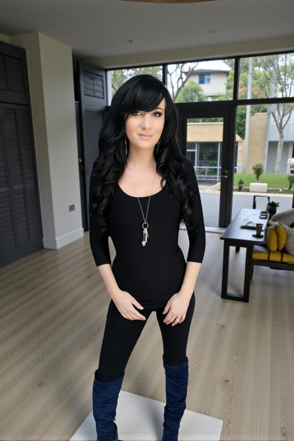 3/4 sleeve black bamboo basic round-neck fitted top.