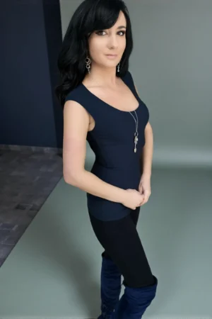 Navy blue bamboo fitted cap sleeve round-neck top.