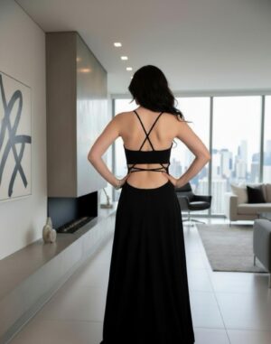 Black open-back maxi dress with front slit, back string detail and band to cover bra.