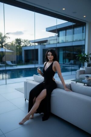 Black open-back maxi dress with front slit, back string detail and band to cover bra.