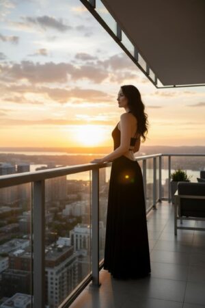 Black open-back maxi dress with front slit, back string detail and band to cover bra.
