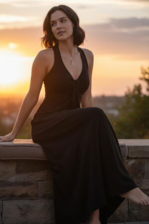 Versatile black sleeveless flowy maxi dress soft sustainable bamboo/spandex fabric with empire waist and pull-up detail.
