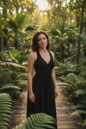 Versatile black sleeveless flowy maxi dress soft sustainable bamboo/spandex fabric with empire waist and pull-up detail.