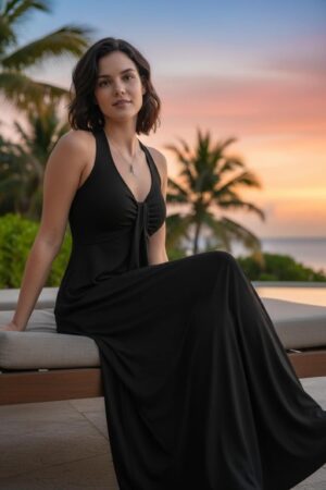 Versatile black sleeveless flowy maxi dress soft sustainable bamboo/spandex fabric with empire waist and pull-up detail.
