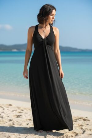 Versatile black sleeveless flowy maxi dress soft sustainable bamboo/spandex fabric with empire waist and pull-up detail.