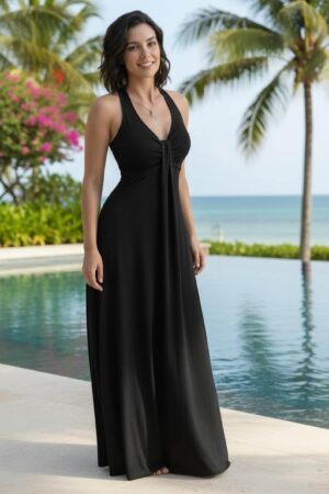 Versatile black sleeveless flowy maxi dress soft sustainable bamboo/spandex fabric with empire waist and pull-up detail.