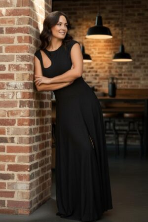 Black maxi dress with keyhole cutout and front slit - stretchy, versatile and flowy.
