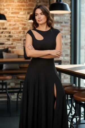 Black maxi dress with keyhole cutout and front slit - stretchy, versatile and flowy.