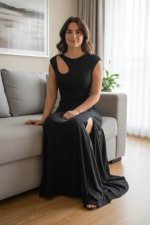 Black maxi dress with keyhole cutout and front slit - stretchy, versatile and flowy.