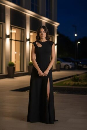 Black maxi dress with keyhole cutout and front slit - stretchy, versatile and flowy.