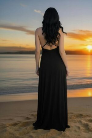 Black cowl neck maxi dress with two strings that criss-cross in the back and tie in the front.