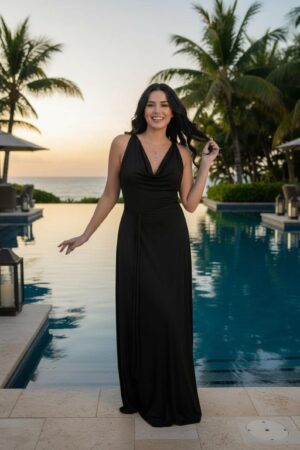 Black cowl neck maxi dress with two strings that criss-cross in the back and tie in the front.