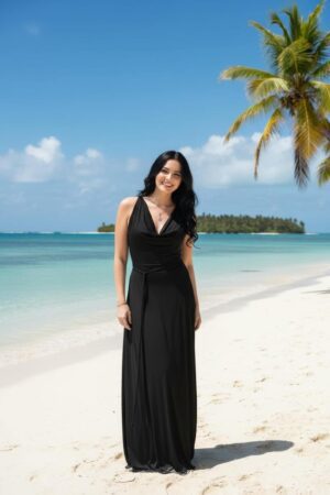Black cowl neck maxi dress with two strings that criss-cross in the back and tie in the front.
