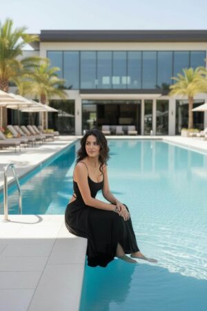 Backless floor-length black black dress with back criss-cross string detail and band to cover bra strap.