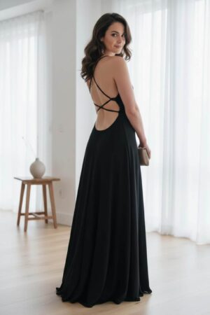 Black cowl neck maxi dress open back string detail.