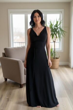 Black cowl neck maxi dress open back string detail.