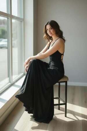 Black cowl neck maxi dress open back string detail.