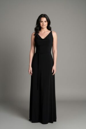 Black cowl neck maxi dress open back string detail.