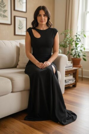 Black maxi dress with keyhole cutout and front slit - stretchy, versatile and flowy.