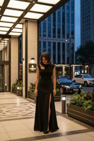 Black maxi dress with keyhole cutout and front slit - stretchy, versatile and flowy.