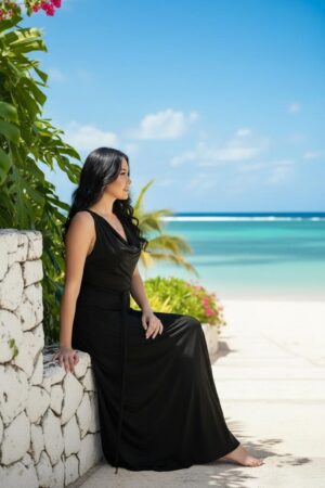 Black cowl neck maxi dress with two strings that criss-cross in the back and tie in the front.