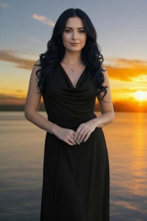 Black cowl neck maxi dress with two strings that criss-cross in the back and tie in the front.