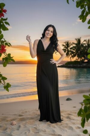 Black cowl neck maxi dress with two strings that criss-cross in the back and tie in the front.