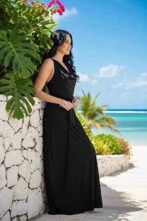 Black cowl neck maxi dress with two strings that criss-cross in the back and tie in the front.