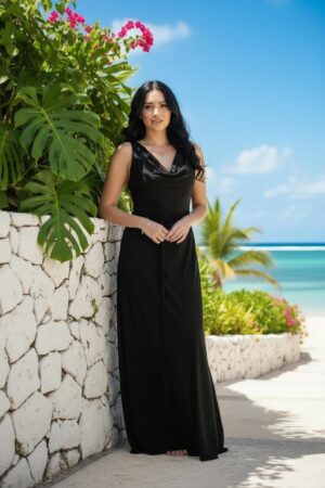 Black cowl neck maxi dress with two strings that criss-cross in the back and tie in the front.