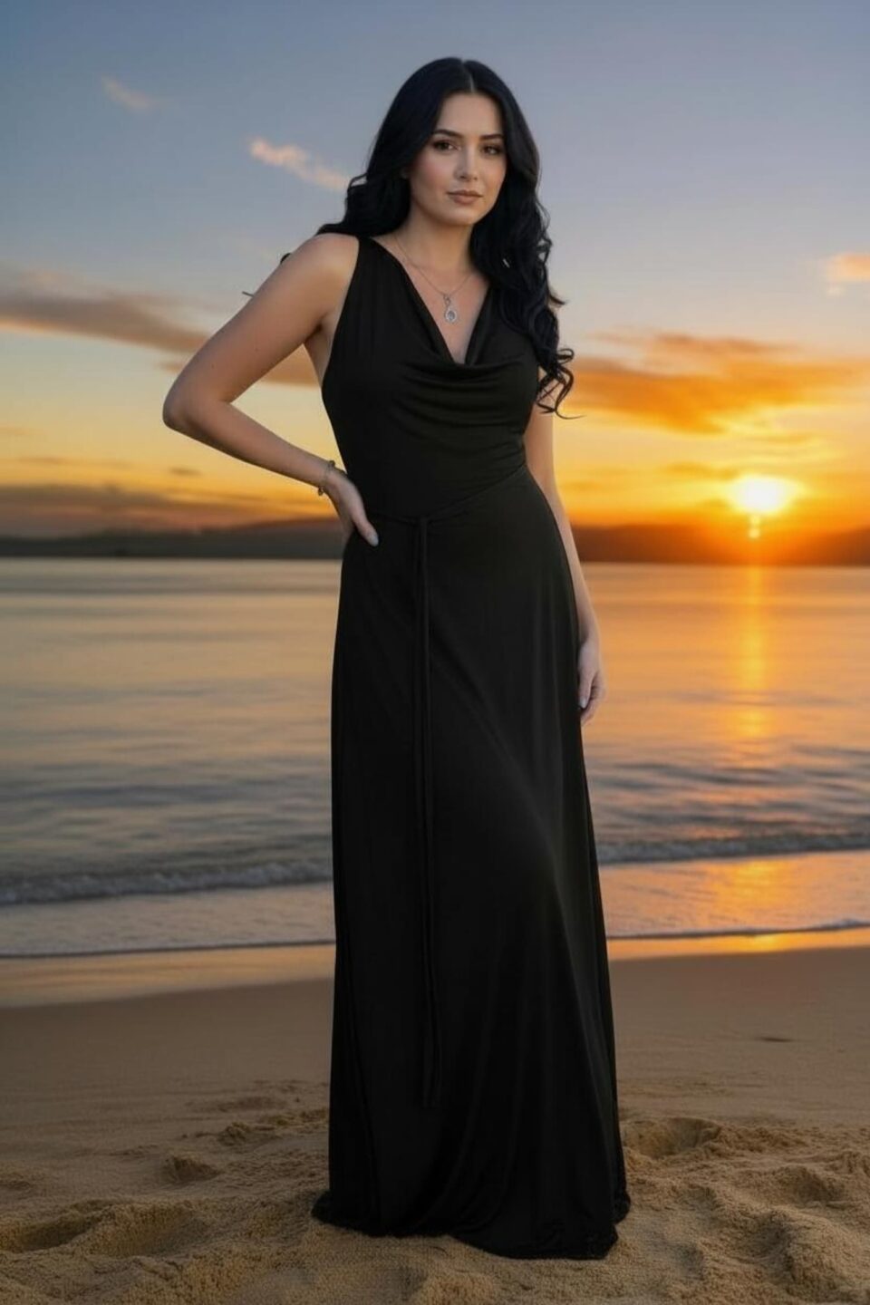 Black cowl neck maxi dress with two strings that criss-cross in the back and tie in the front.