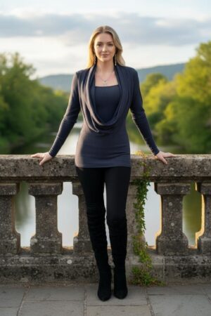 Steel gray long-sleeve sweater knit tunic top built-in cowl neck insert.