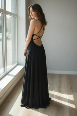 Black cowl neck maxi dress open back string detail.