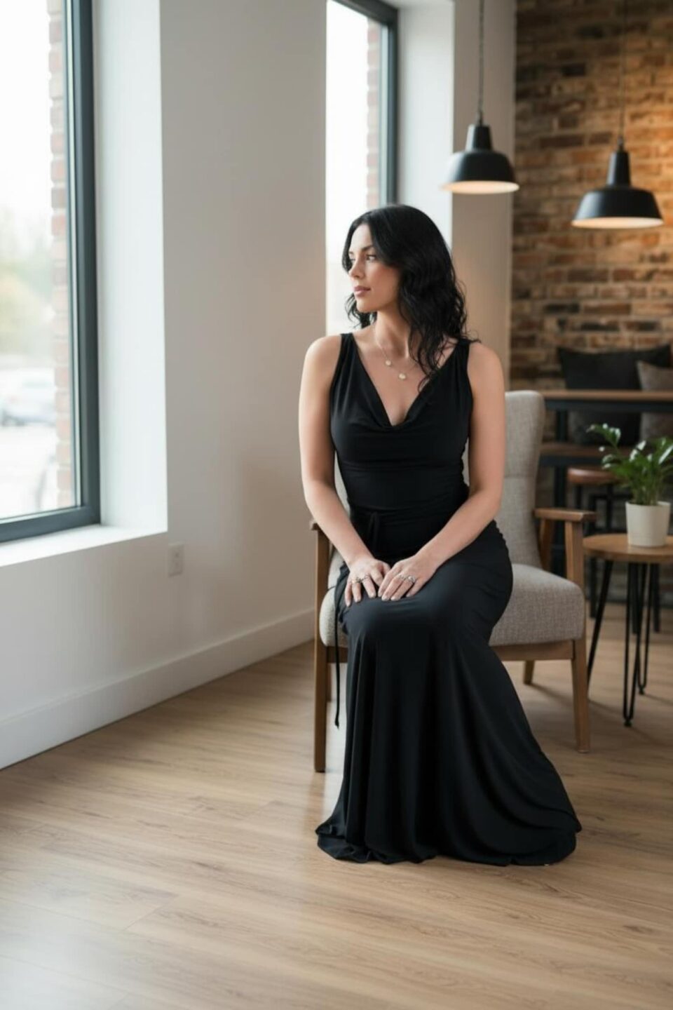Black Cowl Neck Maxi Dress, Open Back String Detail