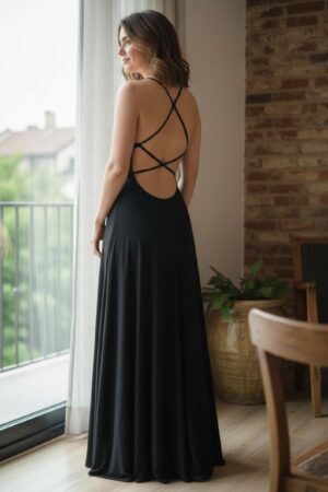 Black cowl neck maxi dress open back string detail.