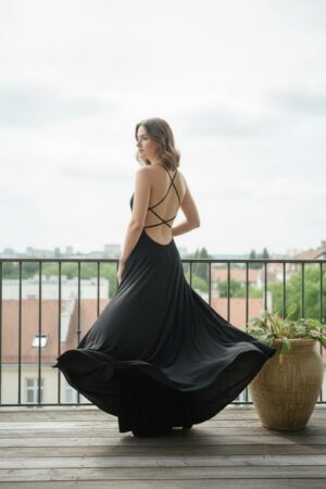 Black cowl neck maxi dress open back string detail.