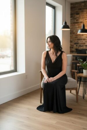 Black cowl neck maxi dress open back string detail.