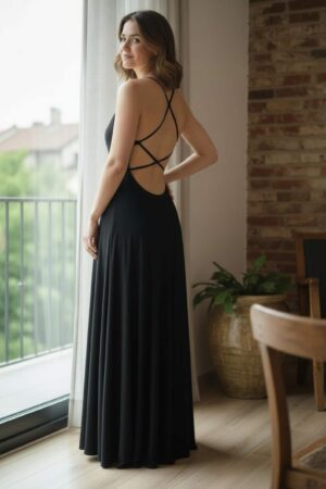 Black cowl neck maxi dress open back string detail.