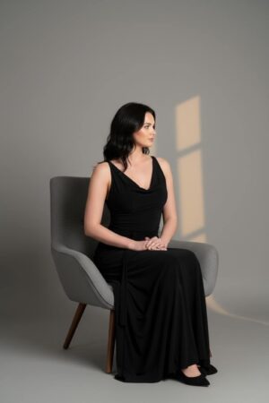 Black cowl neck maxi dress open back string detail.