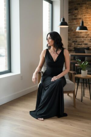 Black cowl neck maxi dress open back string detail.