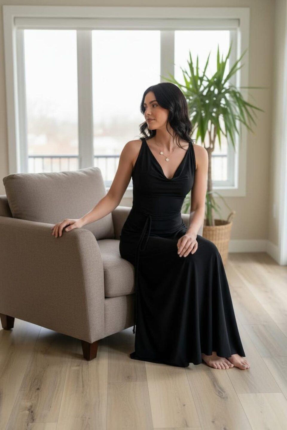 Black cowl neck maxi dress open back string detail.