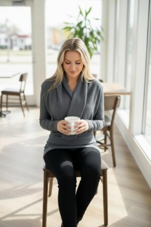 Dark gray ribbed long-sleeve sweater knit top with built-in cowl neck insert.