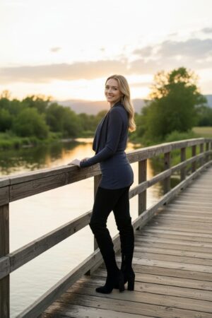 Steel gray long-sleeve sweater knit tunic top built-in cowl neck insert.